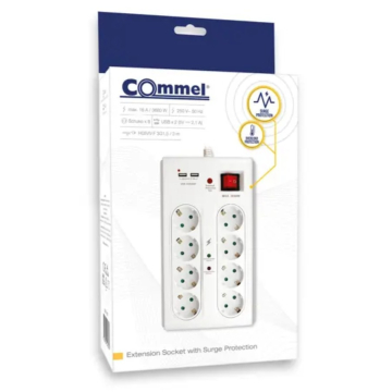 COMMEL kabl produžni 3m 3500W sa prenaponskom zaštitom, 8 utičnica+2 USB