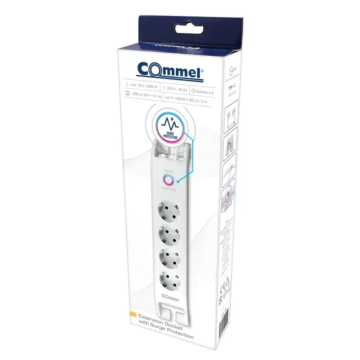 COMMEL kabl produžni 3x1,5mm2 2m sa prenaponskom zaštitom, 4 utičnice+2 USB, bijeli